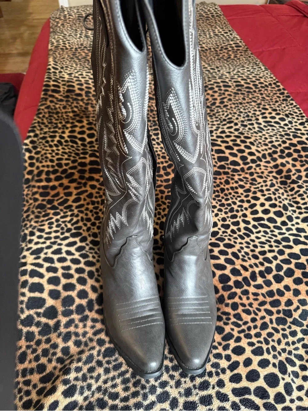 Women’s MissHeel Over the Knee Faux Leather Cowgirl Boots (Adjustable Wide Calf)